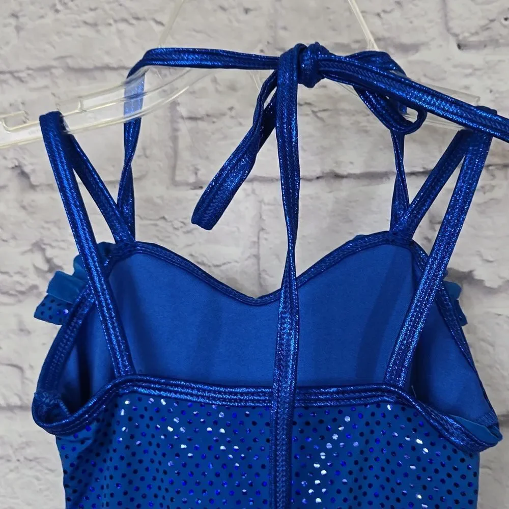 Girls Blue Sequin Ruffle Biketard Sleeveless Leotard Dance Costume Small Feather